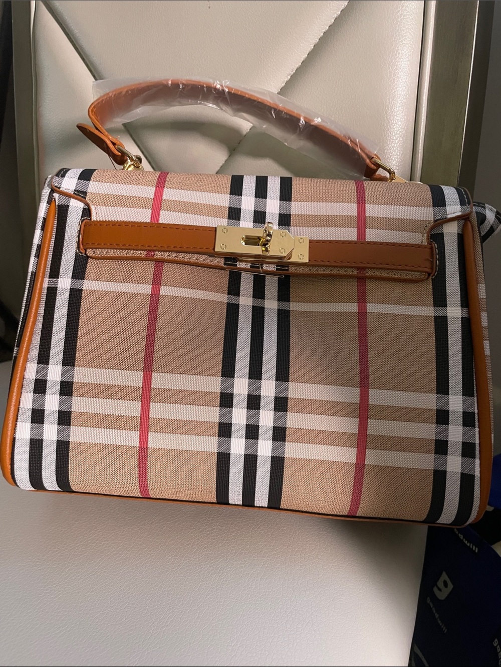 Plaid Top-Handle Tote Bag in Beige and Tan. Detachable shoulder strap.